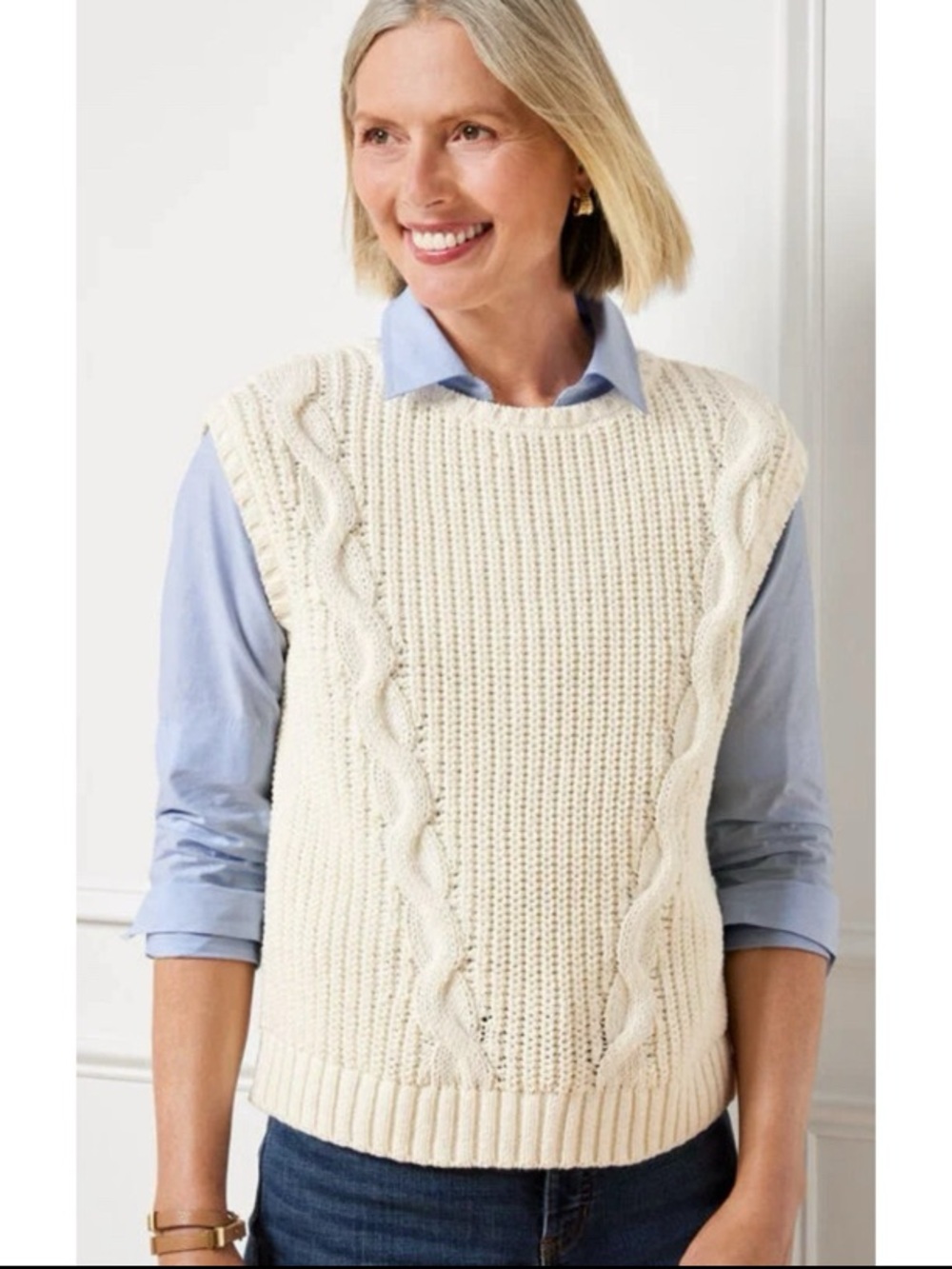 Talbots Ivory Cream Cable Knit Sleeveless Sweater Vest Sz S Preppy Layering NWOT